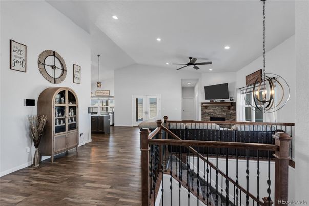 Fireplace, Interior, Kitchen, Pendant Lights, Recessed Lighting, Wood Texture Flooring