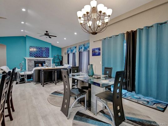 Chandelier, Dining room, Fireplace, Interior, Recessed Lighting, Wood Texture Flooring