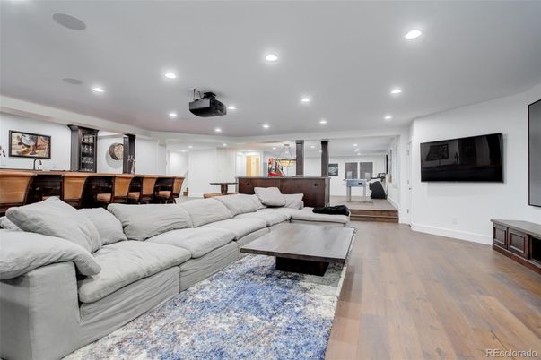 Dining room, Interior, Living room, Recessed Lighting, Wood Texture Flooring