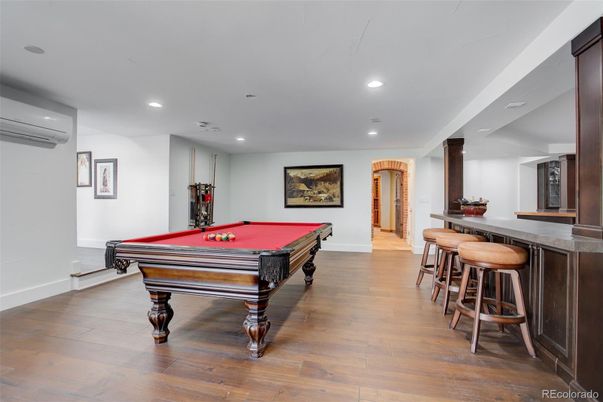 Billiard Table, Game Room, Interior, Recessed Lighting, Wood Texture Flooring