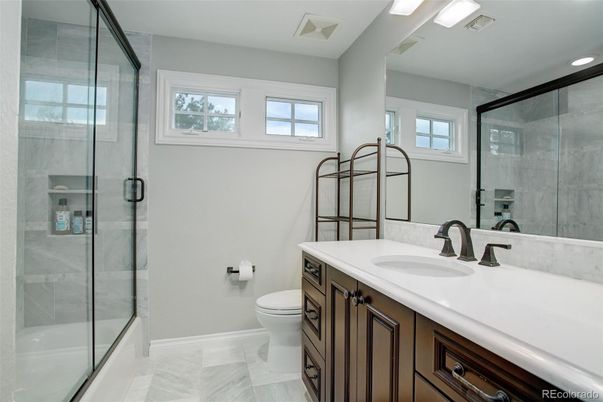 Bathroom, Glass Shower, Interior, Marble, Recessed Lighting