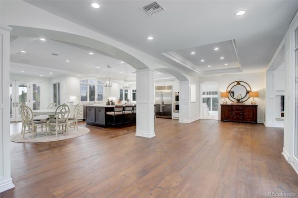 Dining room, Interior, Kitchen, Pendant Lights, Recessed Lighting, Stainless Steel Appliances, Wood Texture Flooring