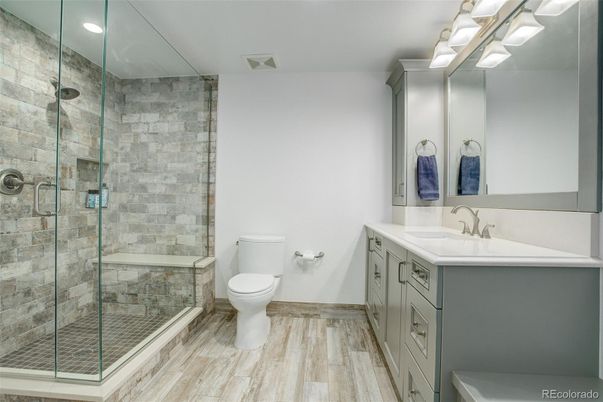 Bathroom, Glass Shower, Interior, Recessed Lighting, Wood Texture Flooring