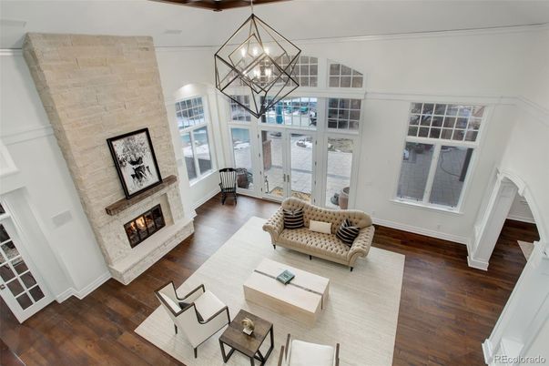 Fireplace, Interior, Living room, Pendant Lights, Stone Walls, Wood Texture Flooring