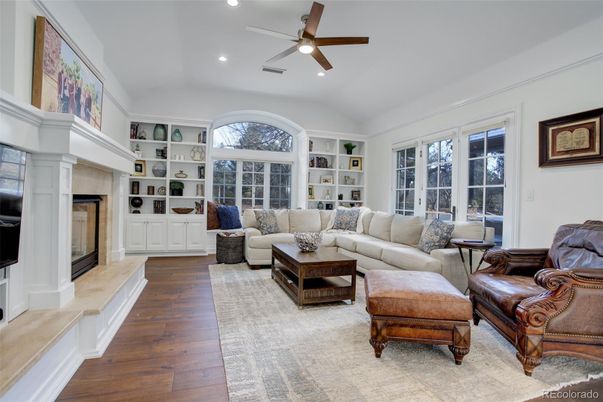 Fireplace, Interior, Living room, Recessed Lighting, Wood Texture Flooring
