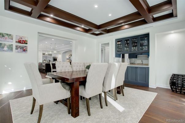 Chandelier, Dining room, Interior, Recessed Lighting, Wooden Beams, Wood Texture Flooring