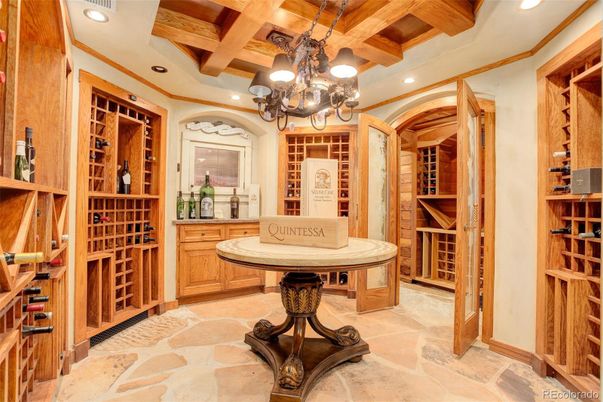 Chandelier, Interior, Recessed Lighting, Wine Storage, Wooden Beams