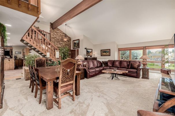 Dining room, Interior, Living room, Recessed Lighting, Stone Walls, Wooden Beams