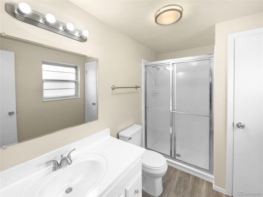 Bathroom, Glass Shower, Interior, Wood Texture Flooring