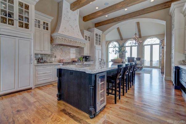 Chandelier, Interior, Kitchen, Recessed Lighting, Wooden Beams, Wood Texture Flooring