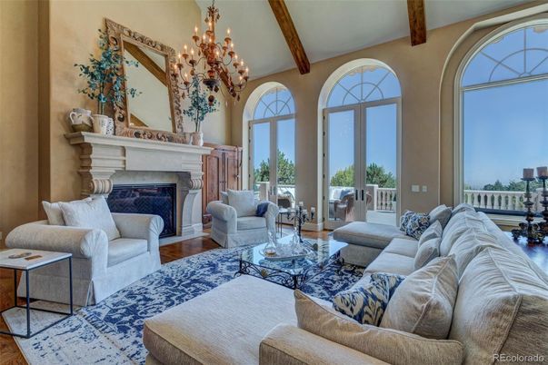 Chandelier, Fireplace, Interior, Living room, Wooden Beams, Wood Texture Flooring