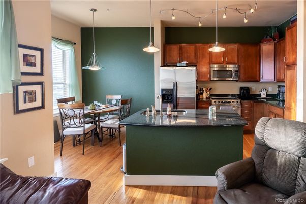 Dining room, Interior, Kitchen, Pendant Lights, Stainless Steel Appliances, Wood Texture Flooring