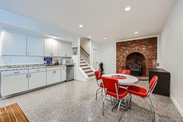 Dining room, Fireplace, Interior, Kitchen, Recessed Lighting, Stone Walls