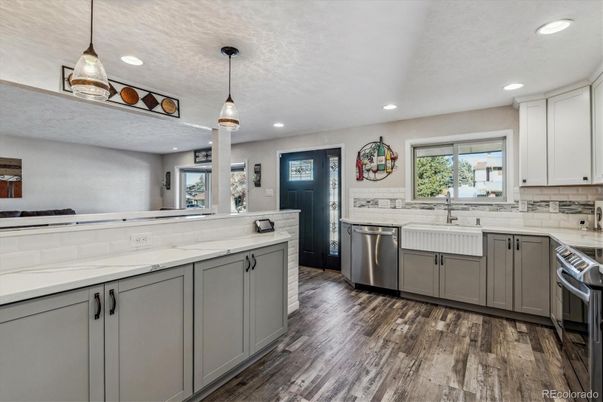 Interior, Kitchen, Pendant Lights, Recessed Lighting, Stainless Steel Appliances, Wood Texture Flooring