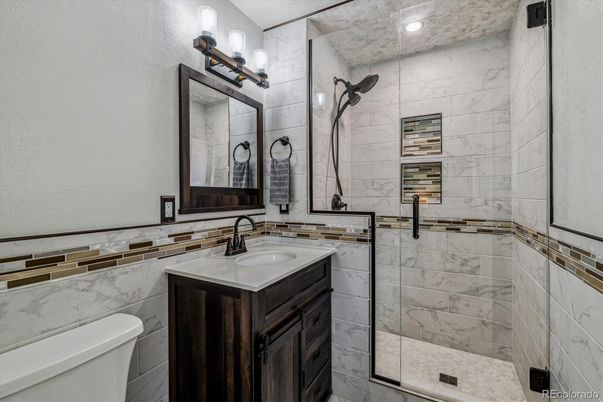 Bathroom, Glass Shower, Interior, Marble Walls, Recessed Lighting