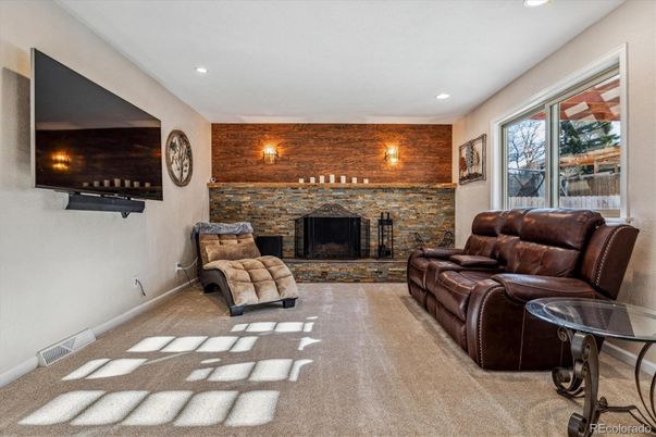 Fireplace, Interior, Living room, Recessed Lighting, Stone Walls