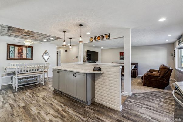 Dining room, Interior, Kitchen, Pendant Lights, Recessed Lighting, Wood Texture Flooring