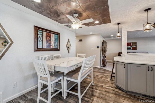 Dining room, Interior, Pendant Lights, Recessed Lighting, Wood Texture Flooring