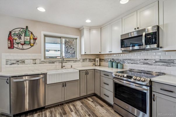 Interior, Kitchen, Recessed Lighting, Stainless Steel Appliances, Wood Texture Flooring