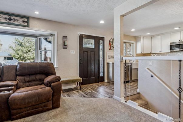 Interior, Kitchen, Living room, Recessed Lighting, Stainless Steel Appliances, Wood Texture Flooring