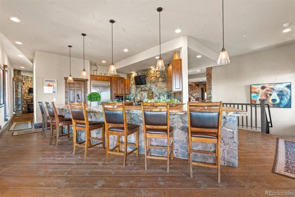 Dining room, Interior, Kitchen, Pendant Lights, Recessed Lighting, Stone Walls, Wood Texture Flooring
