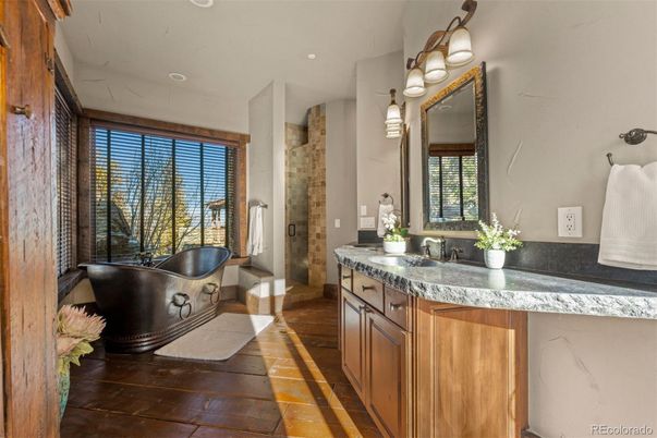 Bathroom, Dual Sink Vanities, Interior, Recessed Lighting, Wood Texture Flooring