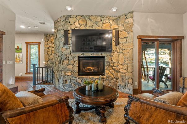 Fireplace, Interior, Living room, Recessed Lighting, Stone Walls