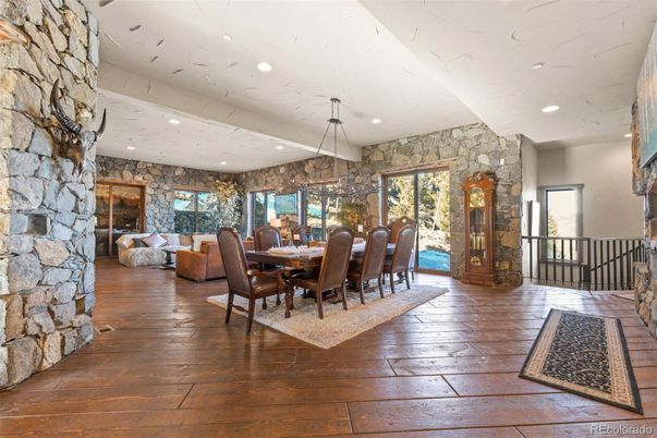 Dining room, Interior, Recessed Lighting, Stone Walls, Wood Texture Flooring