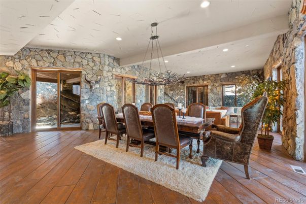 Dining room, Interior, Pendant Lights, Recessed Lighting, Stone Walls, Wood Texture Flooring