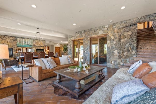 Dining room, Interior, Living room, Pendant Lights, Recessed Lighting, Stone Walls, Wood Texture Flooring