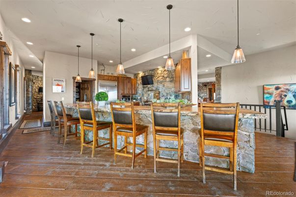 Dining room, Interior, Kitchen, Pendant Lights, Recessed Lighting, Stone Walls, Wood Texture Flooring