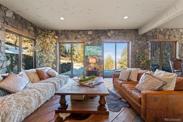 Interior, Living room, Recessed Lighting, Stone Walls, Wood Texture Flooring