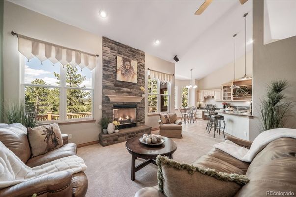Dining room, Fireplace, Interior, Living room, Pendant Lights, Recessed Lighting, Stone Walls