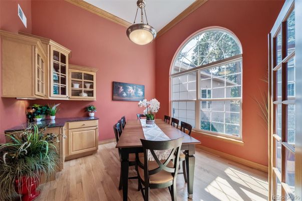 Dining room, Interior, Pendant Lights, Wood Texture Flooring