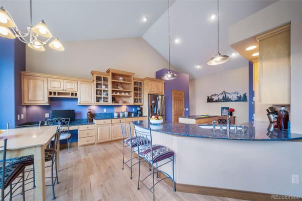 Dining room, Interior, Kitchen, Pendant Lights, Recessed Lighting, Wood Texture Flooring