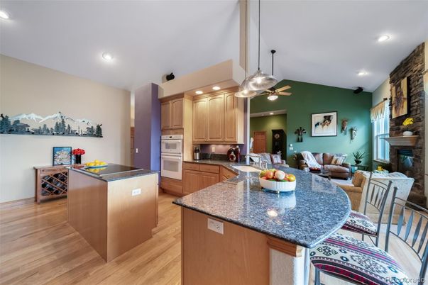 Fireplace, Interior, Kitchen, Living room, Pendant Lights, Recessed Lighting, Wood Texture Flooring
