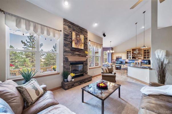 Dining room, Fireplace, Interior, Living room, Pendant Lights, Recessed Lighting, Stone Walls