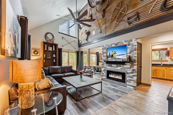 Fireplace, Interior, Living room, Stone Walls, Wood Texture Flooring