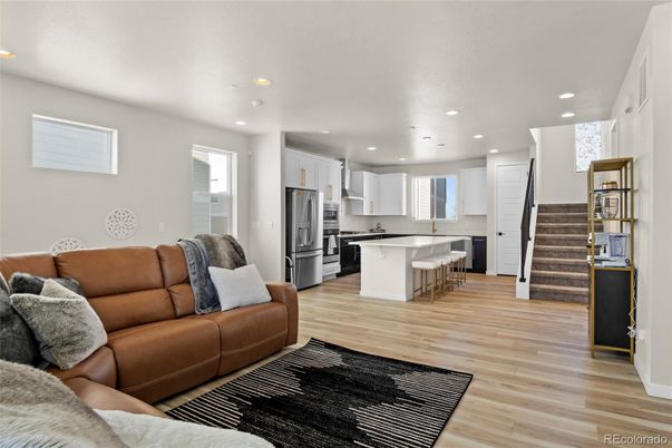 Interior, Kitchen, Living room, Recessed Lighting, Stainless Steel Appliances, Wood Texture Flooring