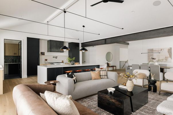 Dining room, Interior, Kitchen, Living room, Pendant Lights, Recessed Lighting, Wood Texture Flooring