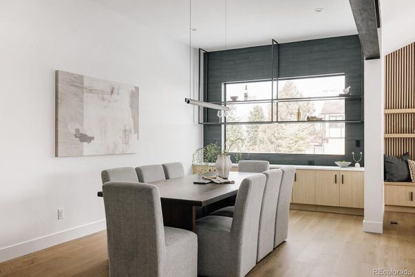 Dining room, Interior, Pendant Lights, Recessed Lighting, Wood Texture Flooring