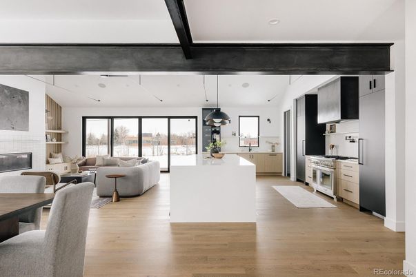 Fireplace, Interior, Kitchen, Living room, Pendant Lights, Recessed Lighting, Stainless Steel Appliances, Wood Texture Flooring