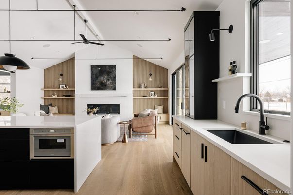Fireplace, Interior, Kitchen, Living room, Pendant Lights, Wood Texture Flooring