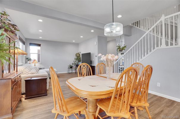 Dining room, Interior, Pendant Lights, Recessed Lighting, Wood Texture Flooring