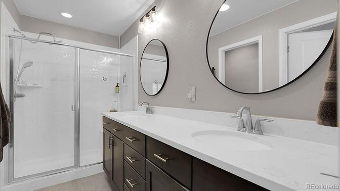 Bathroom, Dual Sink Vanities, Glass Shower, Interior, Recessed Lighting