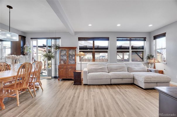 Dining room, Interior, Living room, Pendant Lights, Recessed Lighting, Wood Texture Flooring