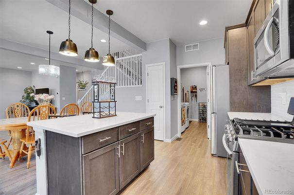 Dining room, Interior, Kitchen, Pendant Lights, Recessed Lighting, Wood Texture Flooring