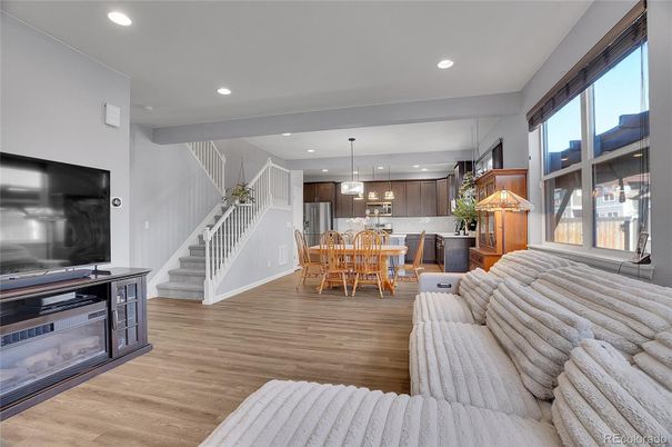 Dining room, Interior, Kitchen, Living room, Pendant Lights, Recessed Lighting, Stainless Steel Appliances, Wood Texture Flooring