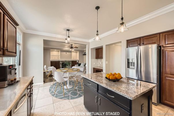 Dining room, Fireplace, Interior, Kitchen, Pendant Lights, Stainless Steel Appliances