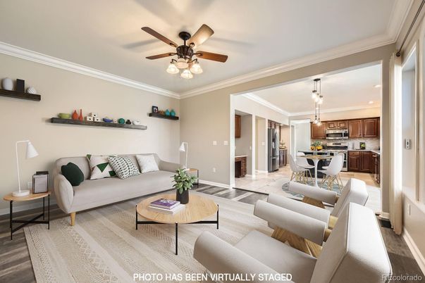 Dining room, Interior, Kitchen, Living room, Pendant Lights, Recessed Lighting, Stainless Steel Appliances, Wood Texture Flooring